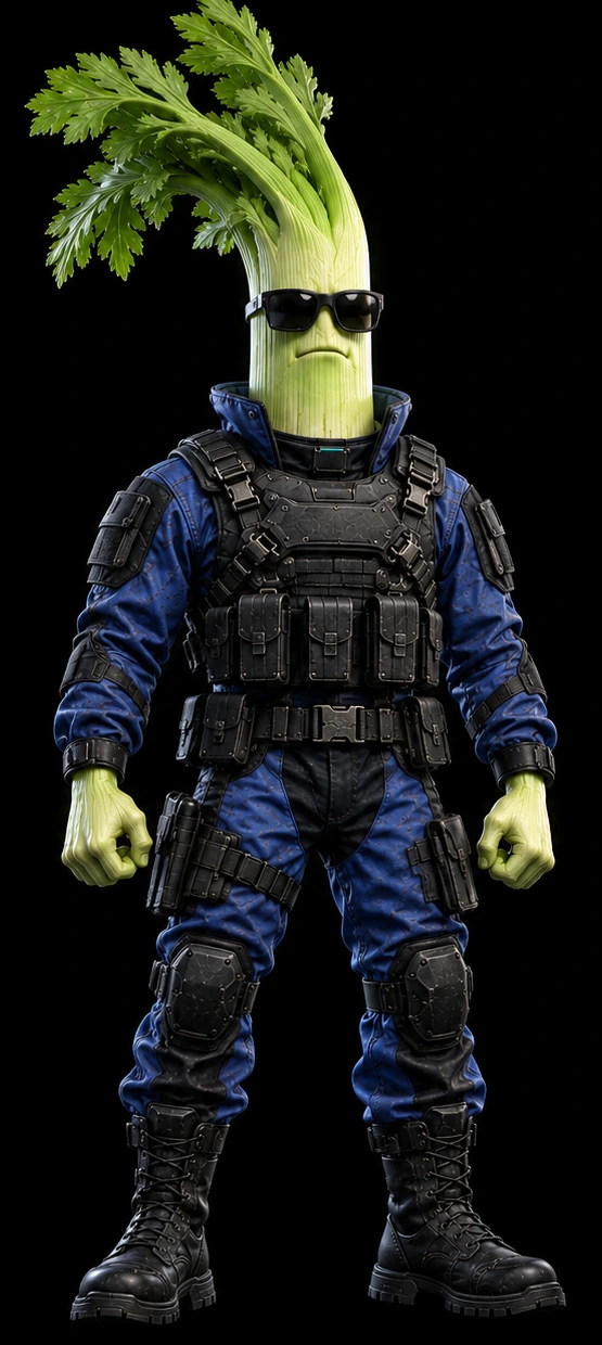 RealLeek: a leafy operative wearing sunglasses, a blue uniform and black tactical armor